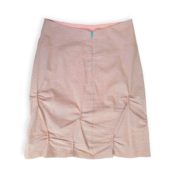 90s Y2k Gathered Seersucker Skirt Sz 8 Peach Blue Pink Stripe EUC - Picture 2 of 8